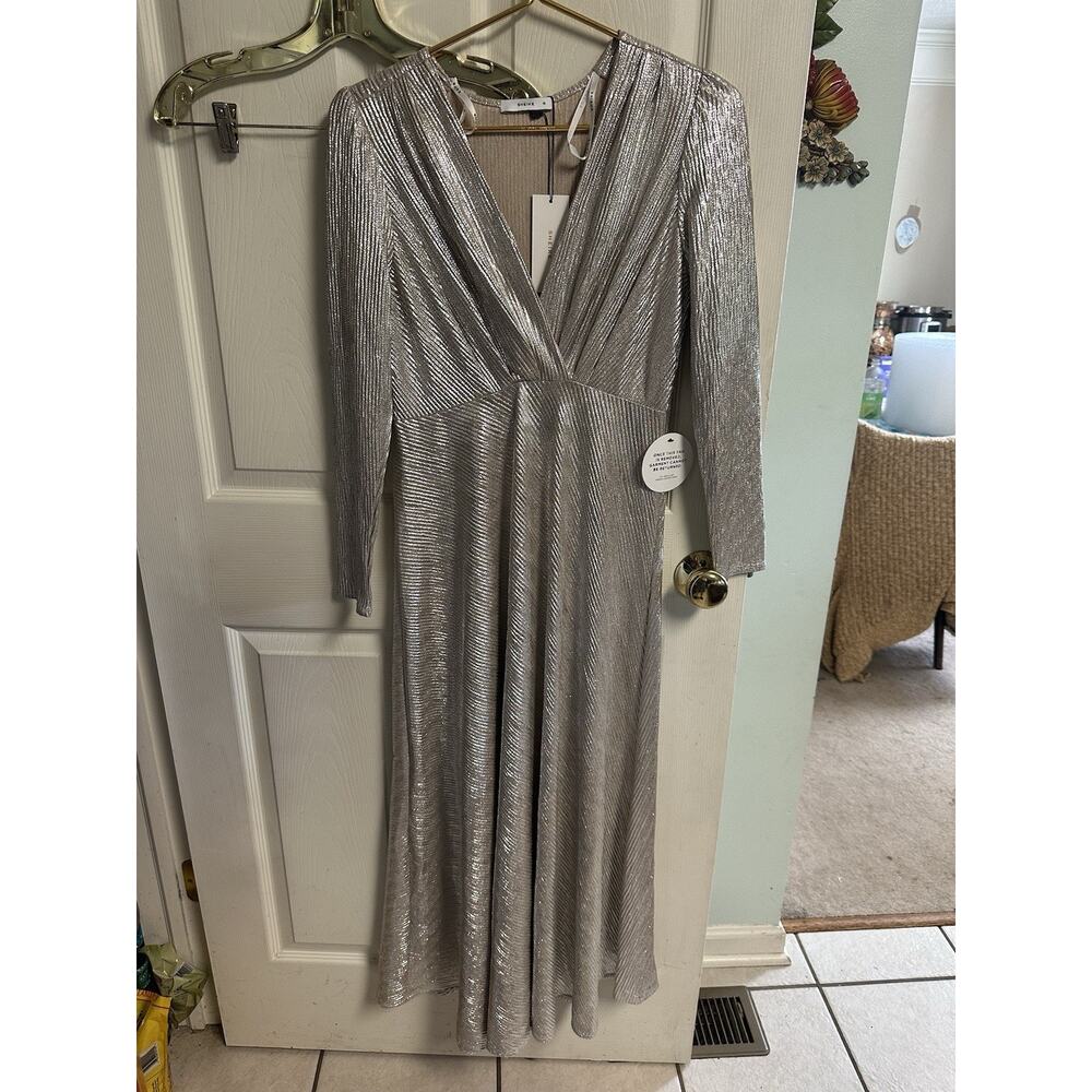 Sheike Dress Faux Wrap Sequin Elbow Sleeve Poly Ribbed Silver Med 10 Stretch